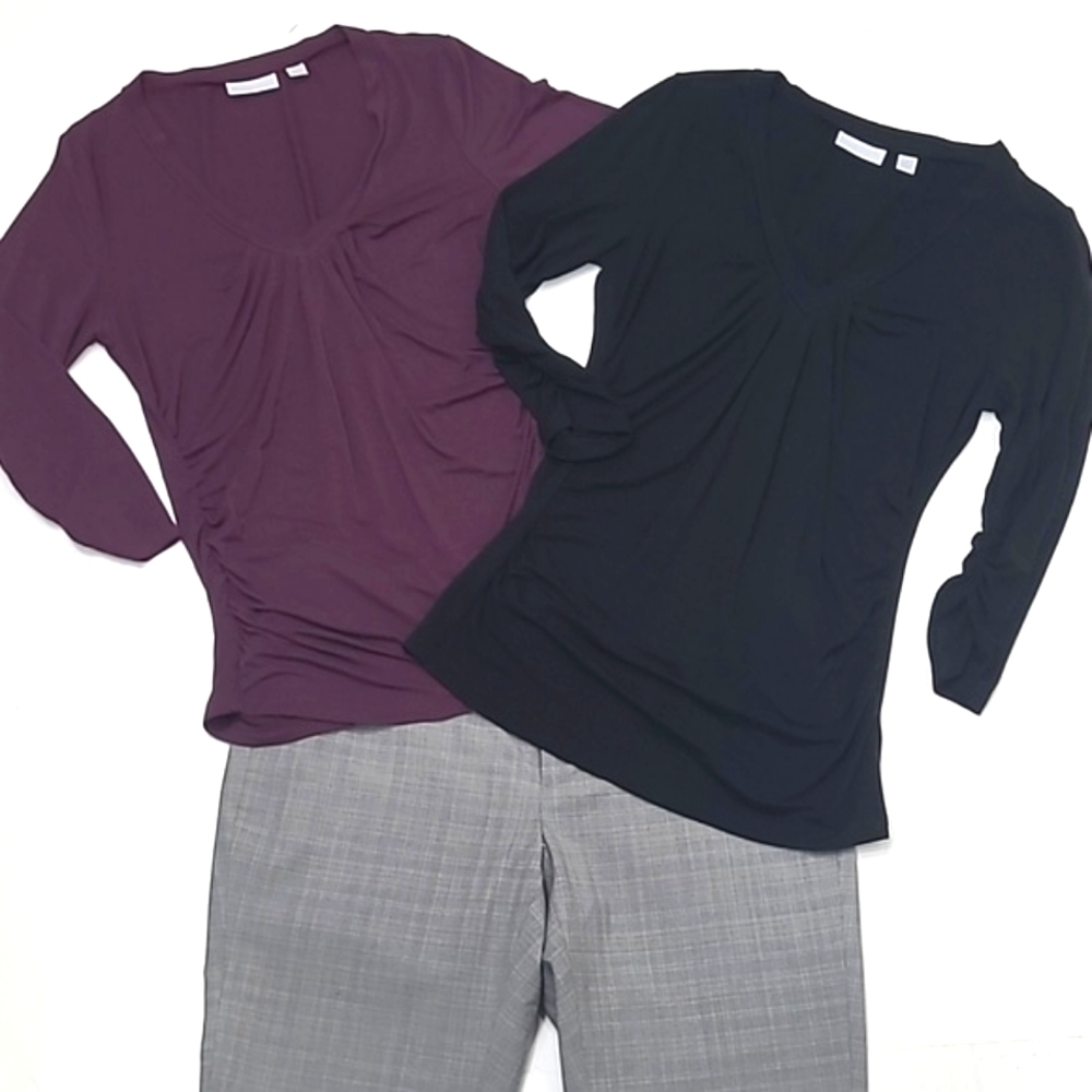 2 for 1 NY & Co. Stretch Blouses Fitted V-Neck Quarter 3/4 Sleeved Ruching